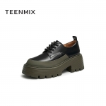 天美意（TEENMIX） 秋坡跟复古英伦学院皮鞋女单鞋NYL18CM2 黑/绿 37
