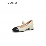 天美意（TEENMIX） 春拼色气质玛丽珍女单鞋CRW18AQ3 米/黑 34