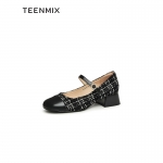 天美意（TEENMIX） 春拼色甜美气质玛丽珍女单鞋CRW18AQ3A 黑色 38
