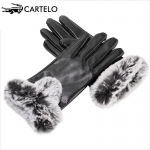 卡帝乐鳄鱼（CARTELO）冬季加绒保暖皮手套防寒 款二女黑色